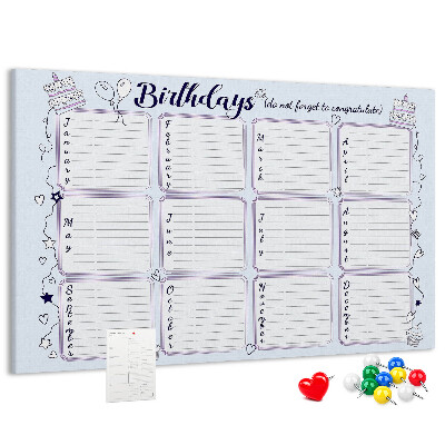 Pizarra de corcho calendario de cumpleaños con detalles coloridos