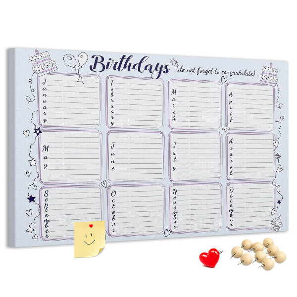 Pizarra de corcho calendario de cumpleaños con detalles coloridos