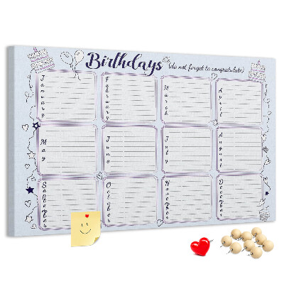 Pizarra de corcho calendario de cumpleaños con detalles coloridos