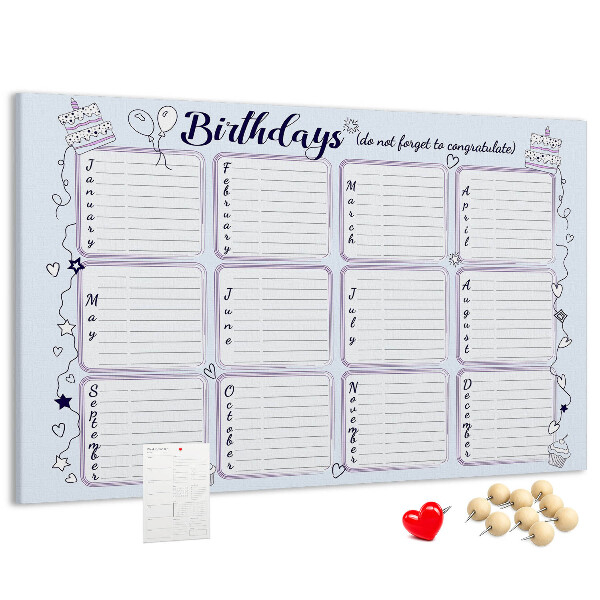 Pizarra de corcho calendario de cumpleaños con detalles coloridos