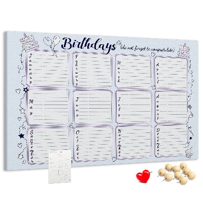 Pizarra de corcho calendario de cumpleaños con detalles coloridos