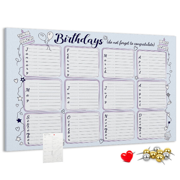 Pizarra de corcho calendario de cumpleaños con detalles coloridos