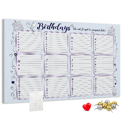 Pizarra de corcho calendario de cumpleaños con detalles coloridos