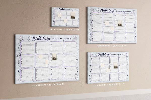 Pizarra de corcho calendario de cumpleaños con detalles coloridos