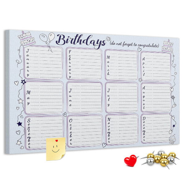 Pizarra de corcho calendario de cumpleaños con detalles coloridos