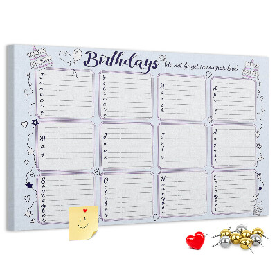 Pizarra de corcho calendario de cumpleaños con detalles coloridos