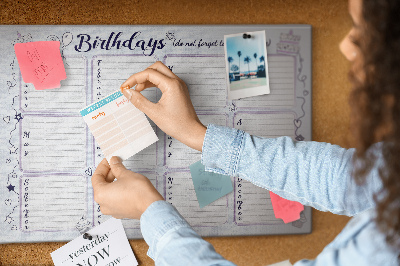 Pizarra de corcho calendario de cumpleaños con detalles coloridos