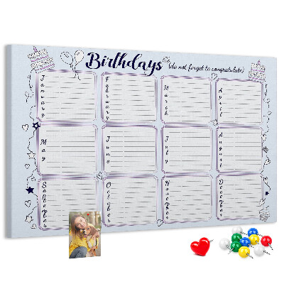 Pizarra de corcho calendario de cumpleaños con detalles coloridos