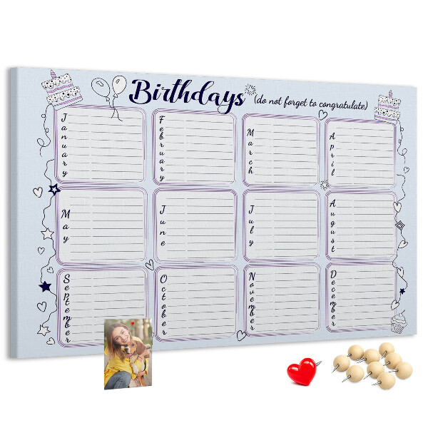 Pizarra de corcho calendario de cumpleaños con detalles coloridos