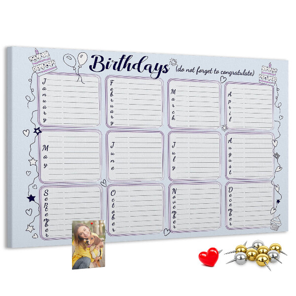 Pizarra de corcho calendario de cumpleaños con detalles coloridos