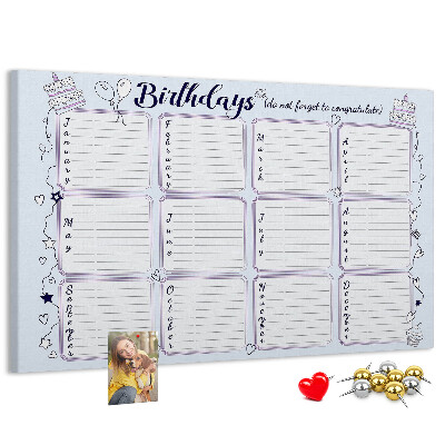 Pizarra de corcho calendario de cumpleaños con detalles coloridos