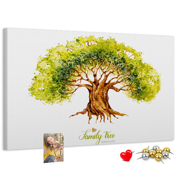 Pizarra de corcho con diseño de árbol genealógico en acuarela con hojas