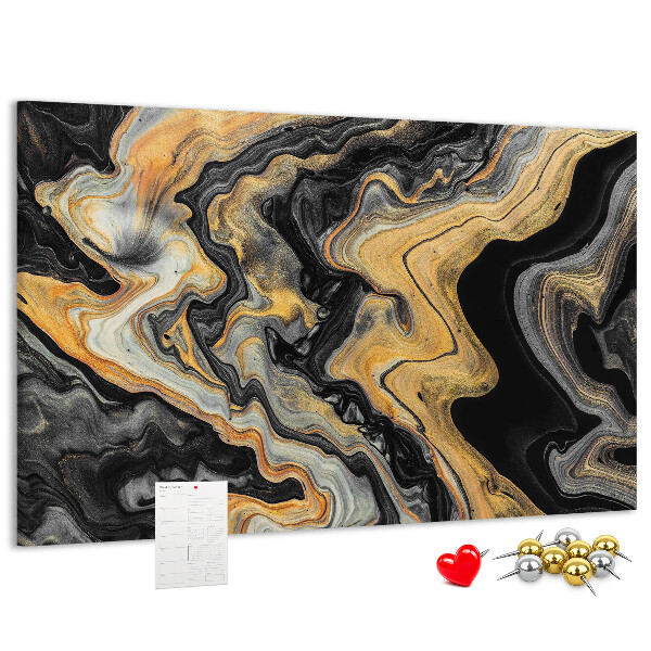 Tablero de corcho decorado con patrón abstracto de olas doradas y negras