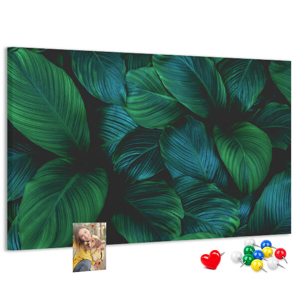 Pizarra de corcho con diseño de hojas tropicales sobre fondo oscuro