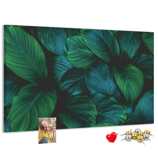 Pizarra de corcho con diseño de hojas tropicales sobre fondo oscuro