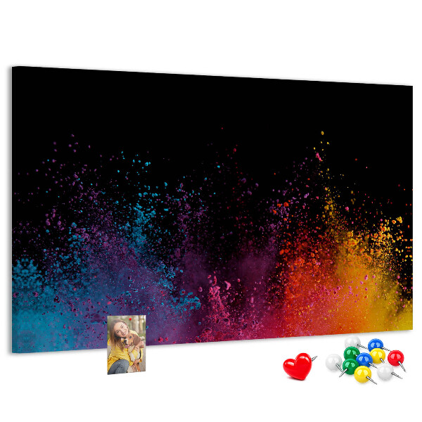 Tablero de corcho decorado una explosión de colores sobre un fondo negro