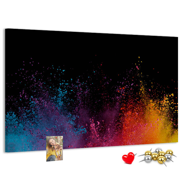 Tablero de corcho decorado una explosión de colores sobre un fondo negro