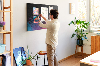 Tablero de corcho decorado una explosión de colores sobre un fondo negro