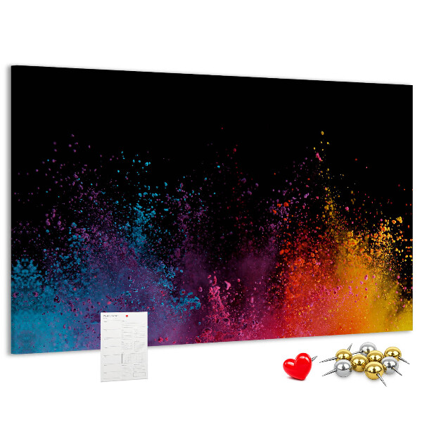 Tablero de corcho decorado una explosión de colores sobre un fondo negro