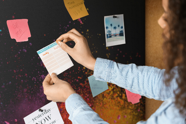 Tablero de corcho decorado una explosión de colores sobre un fondo negro