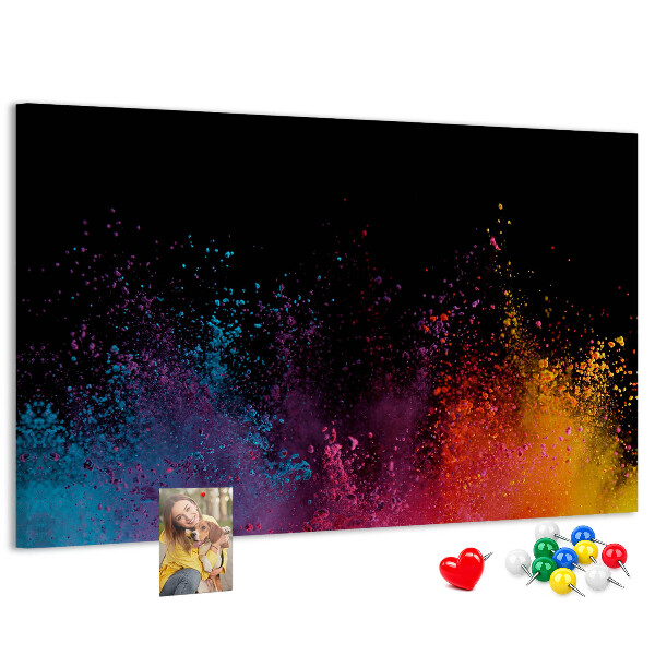 Tablero de corcho decorado una explosión de colores sobre un fondo negro