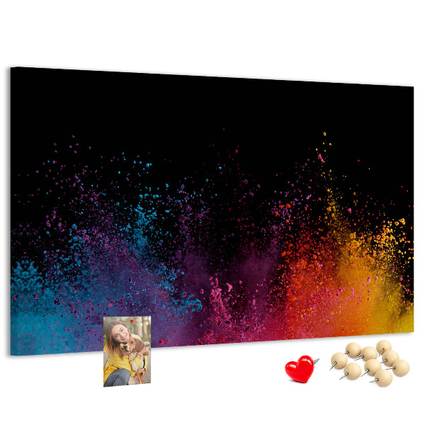 Tablero de corcho decorado una explosión de colores sobre un fondo negro