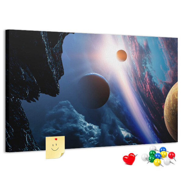 Tablero de anuncios con diseño de paisaje espacial de planetas y nubes