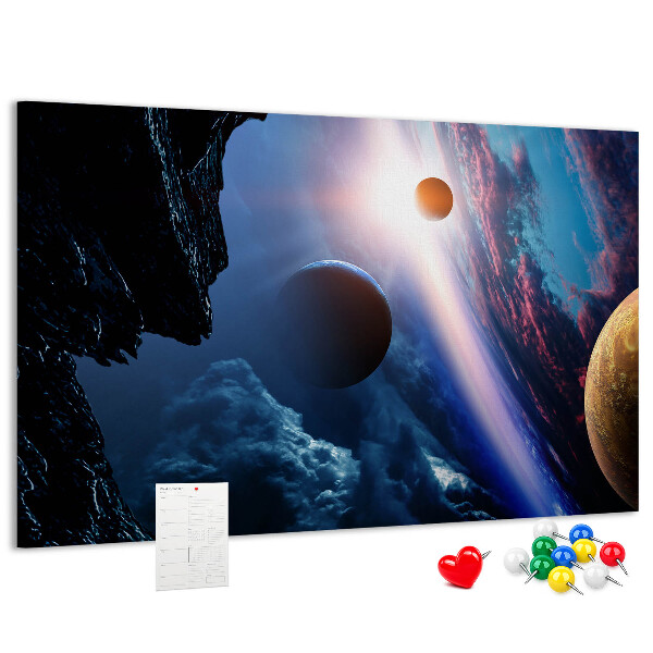 Tablero de anuncios con diseño de paisaje espacial de planetas y nubes
