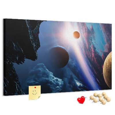 Tablero de anuncios con diseño de paisaje espacial de planetas y nubes