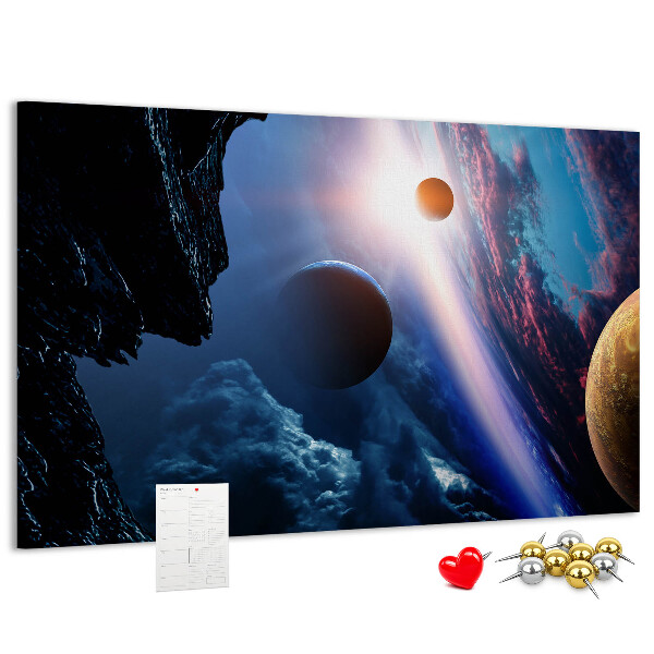 Tablero de anuncios con diseño de paisaje espacial de planetas y nubes