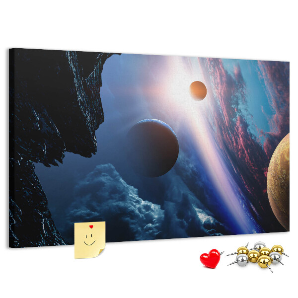 Tablero de anuncios con diseño de paisaje espacial de planetas y nubes