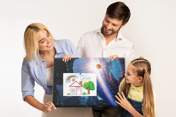 Tablero de anuncios con diseño de paisaje espacial de planetas y nubes