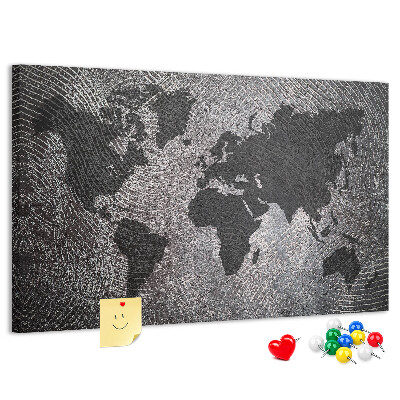 Pizarra de corcho Mapa del mundo en tonos de gris.