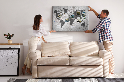 Tablero de corcho decorado mapa del mundo elegante en tonos grises