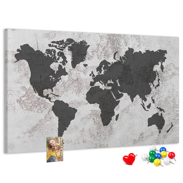 Tablero de corcho decorado mapa del mundo elegante en tonos grises