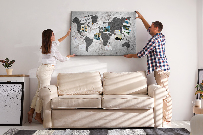 Tablero de corcho decorado mapa del mundo elegante en tonos grises