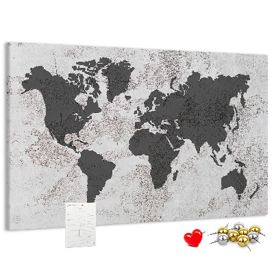 Tablero de corcho decorado mapa del mundo elegante en tonos grises