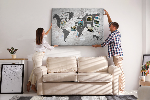 Tablero de corcho decorado mapa del mundo elegante en tonos grises
