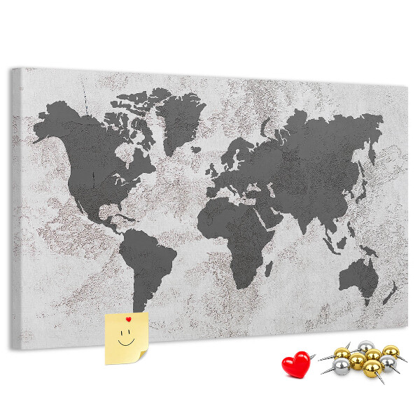 Tablero de corcho decorado mapa del mundo elegante en tonos grises