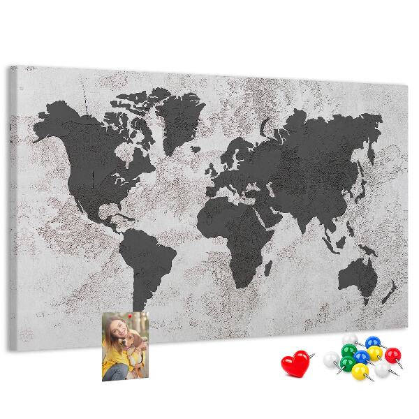 Tablero de corcho decorado mapa del mundo elegante en tonos grises