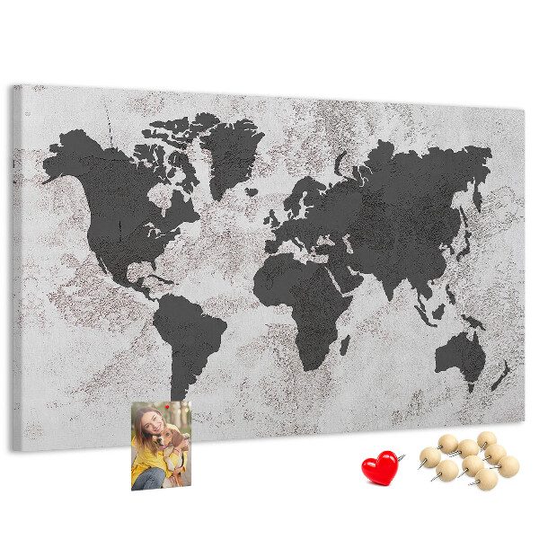 Tablero de corcho decorado mapa del mundo elegante en tonos grises