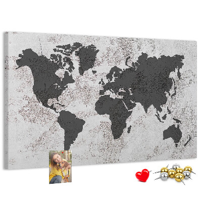 Tablero de corcho decorado mapa del mundo elegante en tonos grises