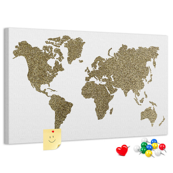 Tablero de corcho decorado mapa del mundo dorado sobre fondo blanco