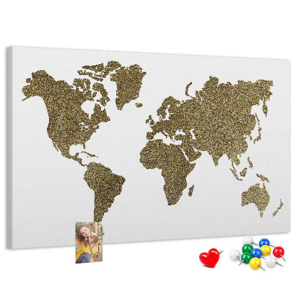 Tablero de corcho decorado mapa del mundo dorado sobre fondo blanco