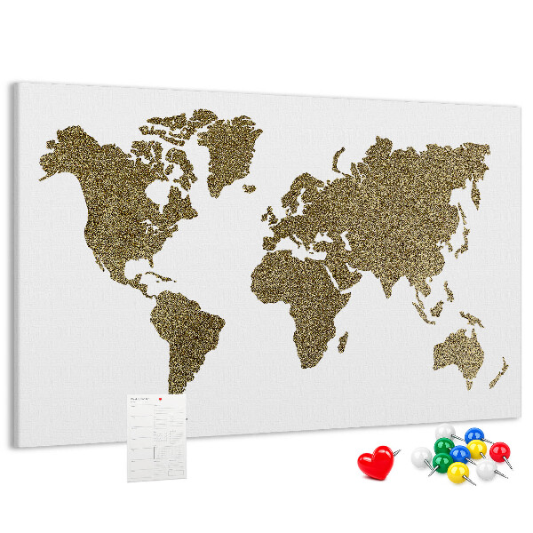Tablero de corcho decorado mapa del mundo dorado sobre fondo blanco