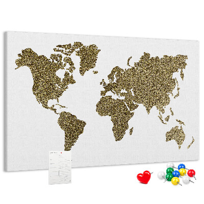 Tablero de corcho decorado mapa del mundo dorado sobre fondo blanco