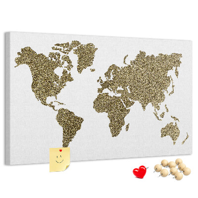 Tablero de corcho decorado mapa del mundo dorado sobre fondo blanco