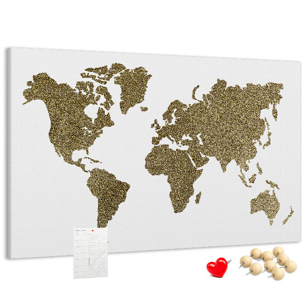 Tablero de corcho decorado mapa del mundo dorado sobre fondo blanco