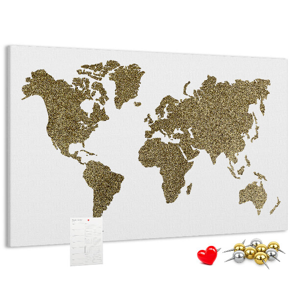 Tablero de corcho decorado mapa del mundo dorado sobre fondo blanco