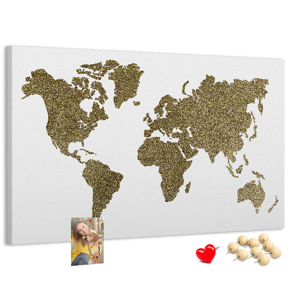 Tablero de corcho decorado mapa del mundo dorado sobre fondo blanco